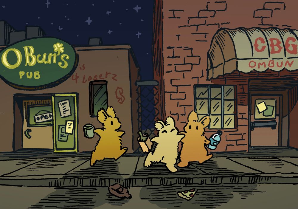 Three bunnies are on the street heading to a local bar. They are leaving a stereotypical Irish Pub, and going to a more ‘underground’ place next door. One bunny, who has had too much to drink, is leaning on his teetotaler friend, who has a bottle of water and is acting as an informal “chaperone” for the group 