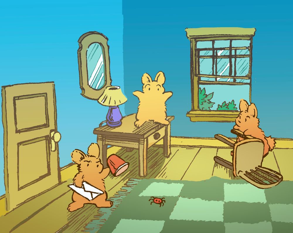 One bunny is trying to trap a small red spider, which is on the carpet in a living room. He has a plastic cup and paper envelope to trap it with. Two other bunnies cower in fear from the spider, and one of them has jumped up on the table.