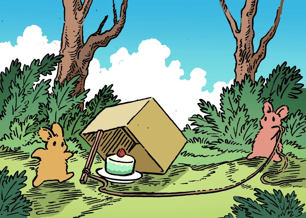 A bunny has set a simple, cartoonish trap: THe box propped up with a stick. Inside the box as bait is a little matcha strawberry cake. A second bunny, very gullible, eyes the cake with curiousity, while the trap-setting bunny lies in wait.