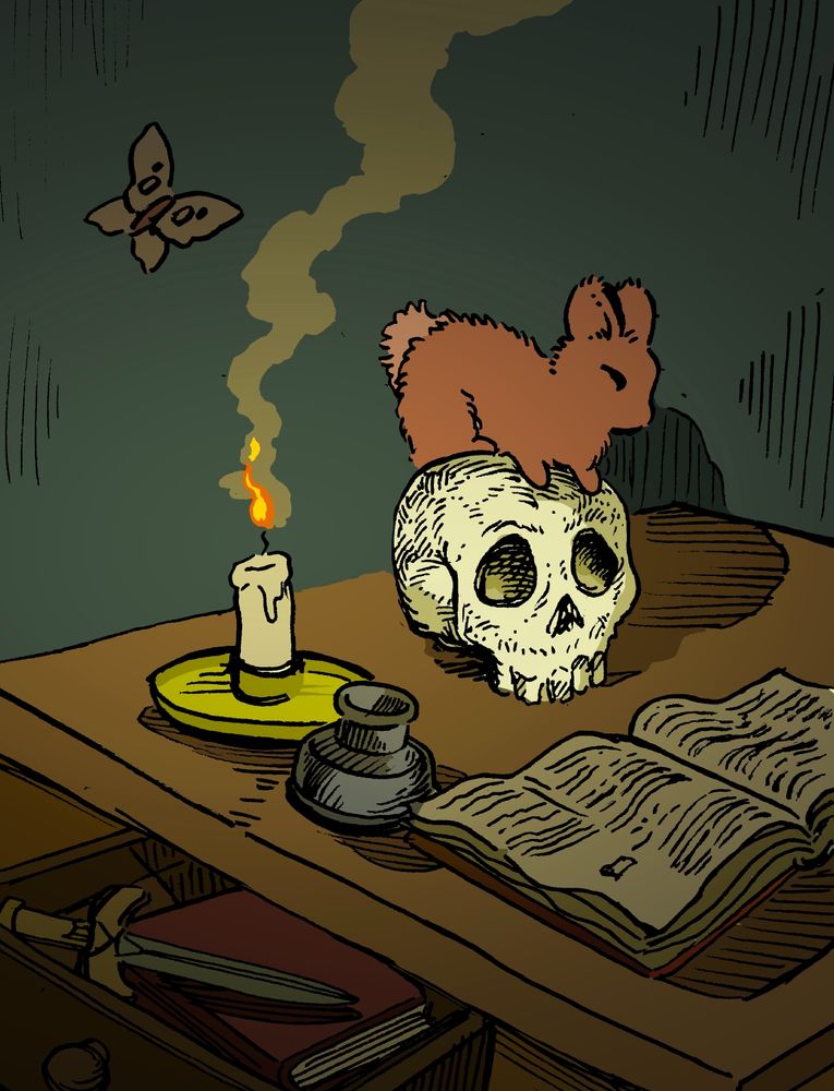 A bunny sits upon a skull, on a small desk by candlelight. He is reading a book, and the skull looks like a 'memento mori', on the desk for no clear reason