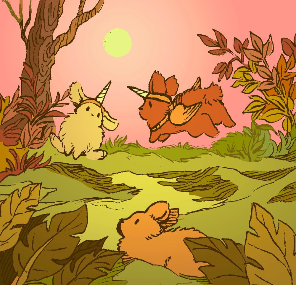 Two bunnies play and pretend to fight each other in a field. They both have pretend unicorn horns on their heads, which they are sparring with. An older third bunny watches from a safe distance. It is an autumn day