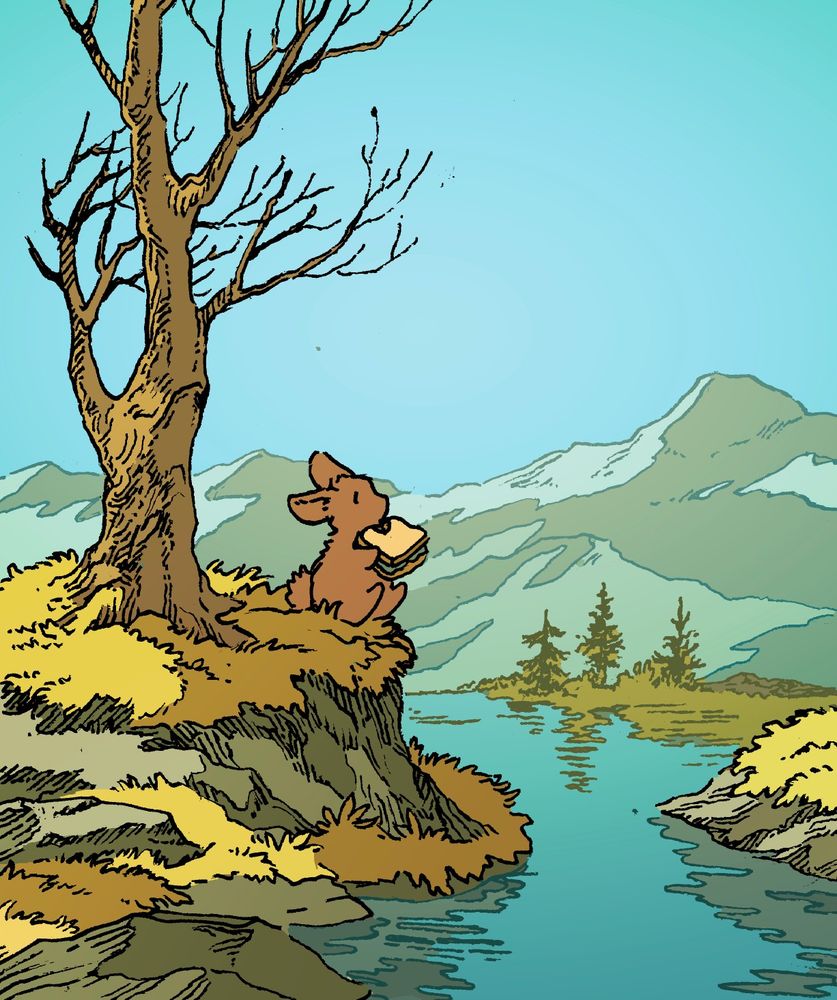 A bunny calmly eats a sandwich while sitting by a lake, under a tree. It is a chilly autumn day