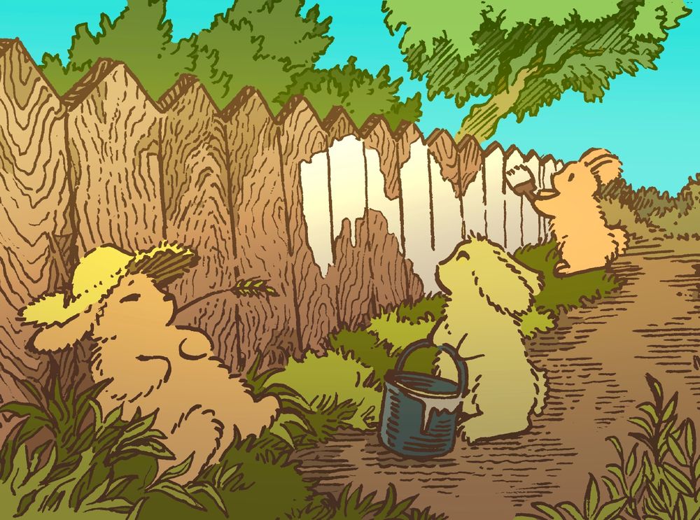 A bunny in a straw hat sits back as two of his friends paint a fence, on a sunny day. He has a bit of grass in his mouth, and resembles Tom Sawyer in a famous story. The two bunnies doing the labor are having fun, one with a brush and the other holding the paint can.