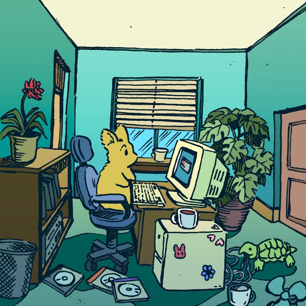 A bunny sits at a desk, staring perplexedly at their beige computer. The computer is giving them an error message, and unbeknownst to the bunny a turtle is chewing the wires behind the desk. Obsolete media is strewn about the floor