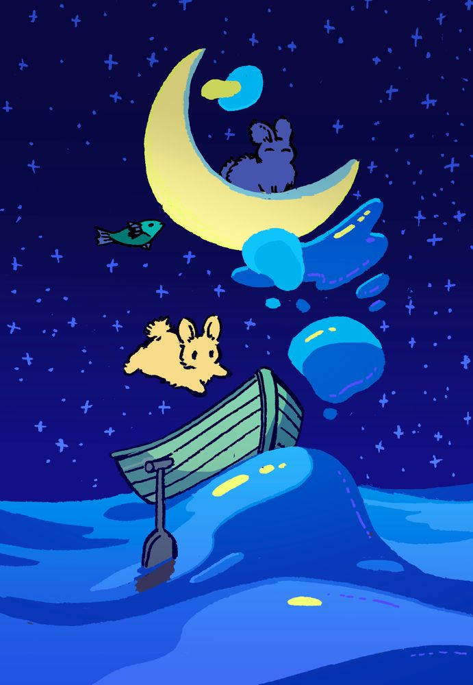 A bunny slowly lifts out of their small rowboat, pulled by the gravity of a small, crescent-shaped moon a few feet above them. Several large drops of water and a fish are also being pulled into the moon's vicinity, and a second bunny, a moonbunny, sits on top of the crescent moon. It is the middle of the sea on a calm night.