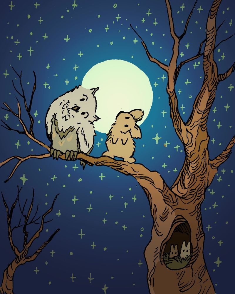 A bunny stands next to an owl on a tree branch of a dead tree. The owl is turning his head full 90 degrees clockwise, and the bunny is doing the same. Both are standing in front of a full moon at night.