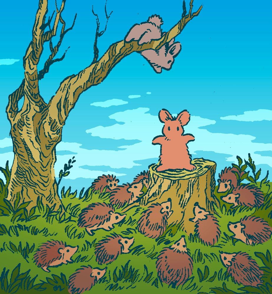 A bunny stands on a tree stump. He is surrounded by hedgehogs, which are advancing slowly up the stump. he is cornered! A second bunny on a tree branch above offers him a hand. It is not clear why the hedgehogs are upset