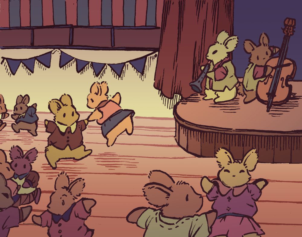 Bunnies are dancing at an old-fashioned "sock hop", with music performed by live cello and clarinet-playing bunnies on a bandstand. Most bunnies are doing a dance similar to the jitterbug, but one bunny couple more enthusiastically whirls around in time to the music.