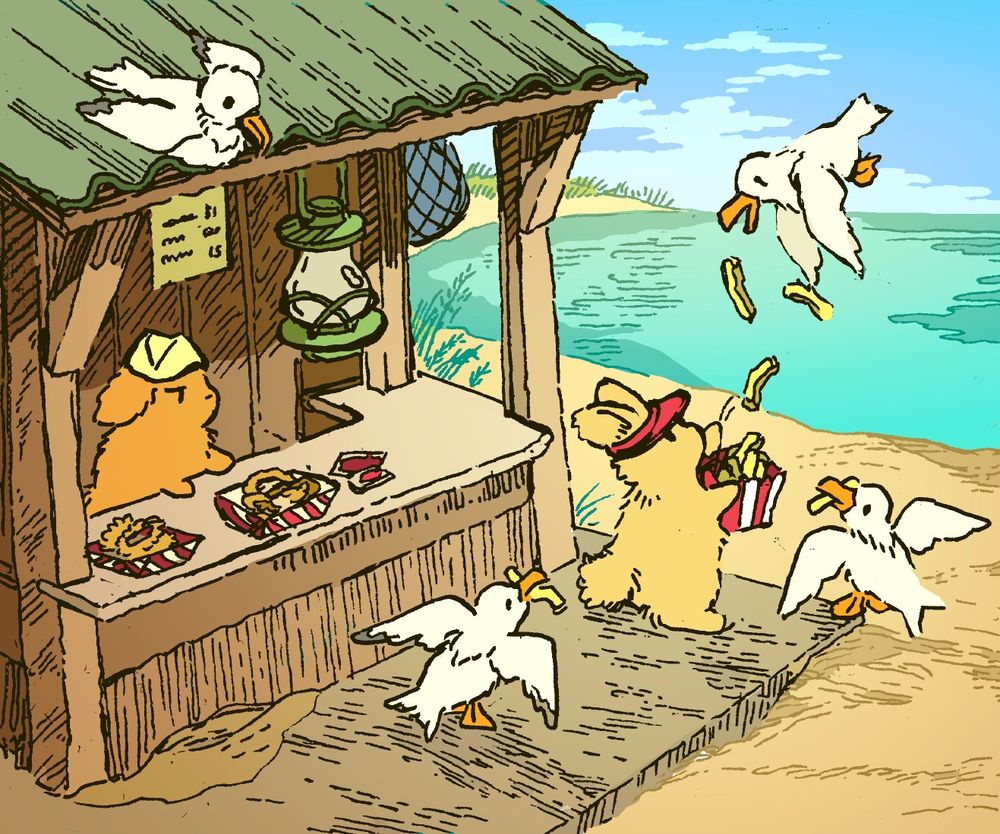 At a small concession stand at the beach, a bunny tosses french fries to some eager seagulls. His boss, wearing a paper soda jerk hat, looks on disapprovingly. It is a beautiful summer day.