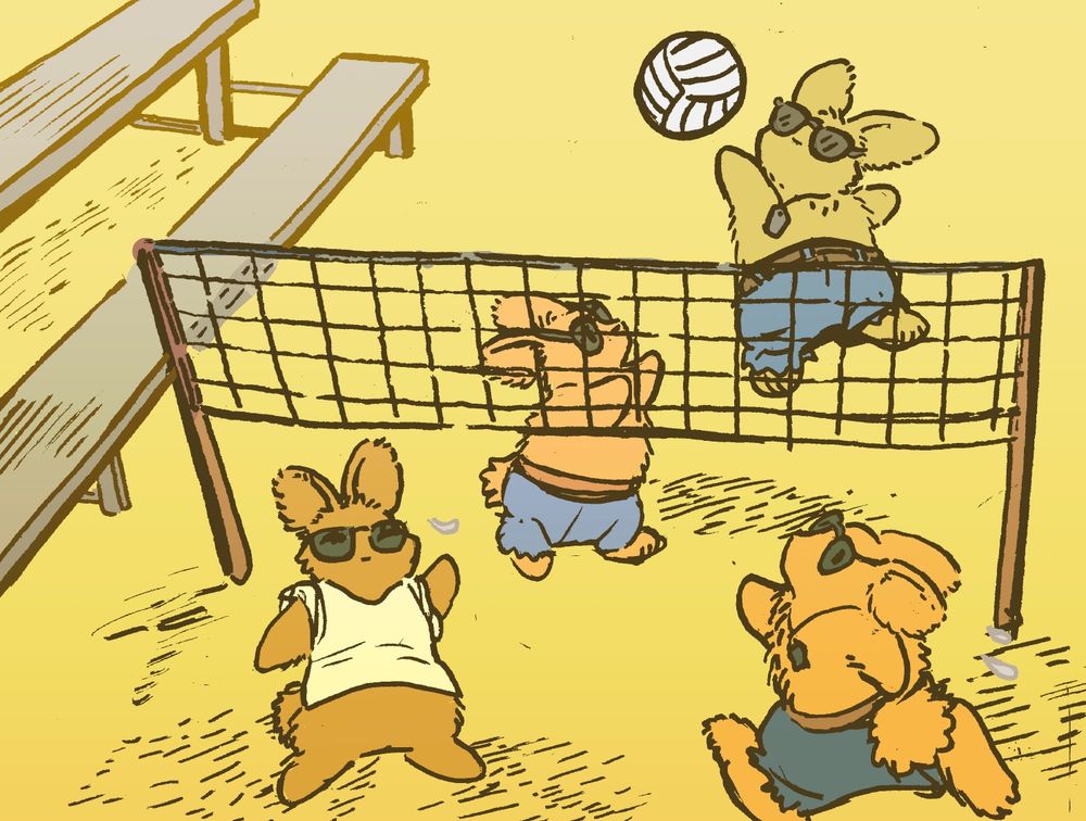 Bunnies are all playing volleyball on the beach, while wearing aviator glasses and dog tags like in the movie "Top Gun". One bunny runs to intercept a spike, while his teammate is distracted.