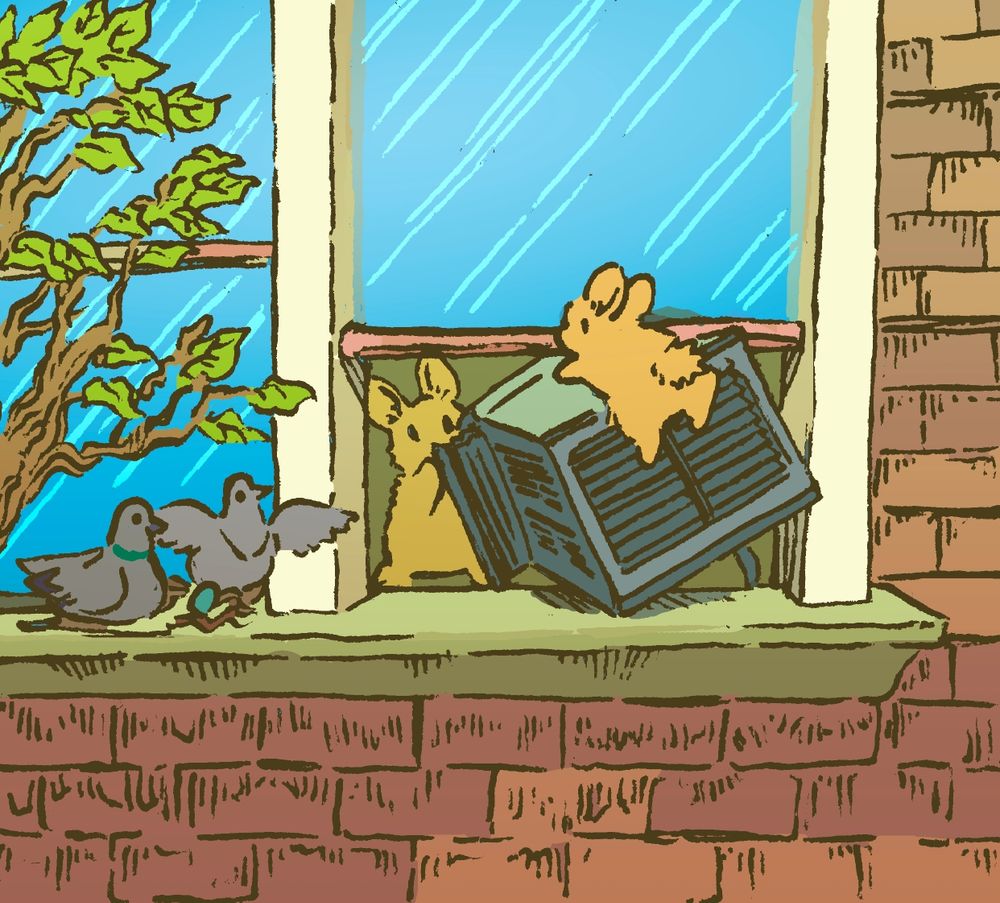 Two bunnies install an old-fashioned air conditioning unit in their apartment window. They are haphazardly hanging it off the window sill, with the smaller bunny hanging over the street. Two pigeons with a nest, one window over, watch them anxiously.