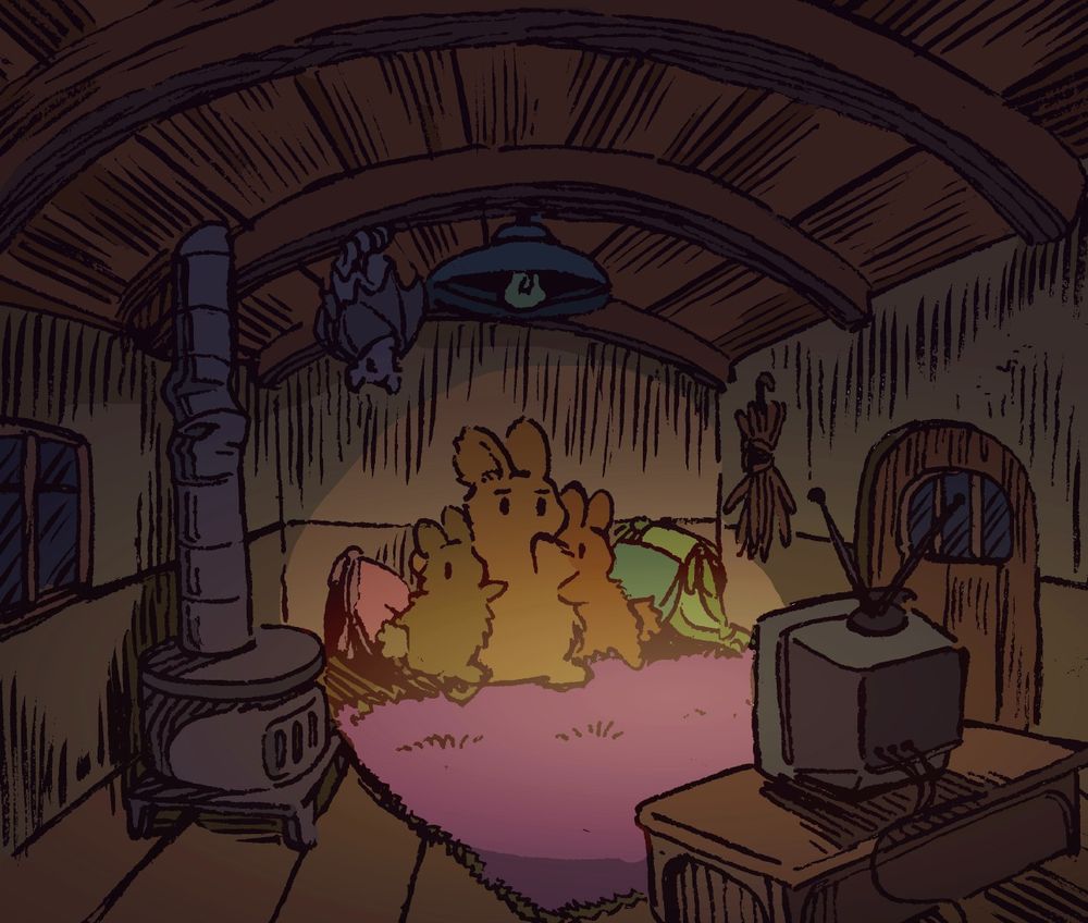 A family of bunnies watches the television in a small cottage with a stove. The room is unlit except for the tv, and they all have anxious expressions on their faces