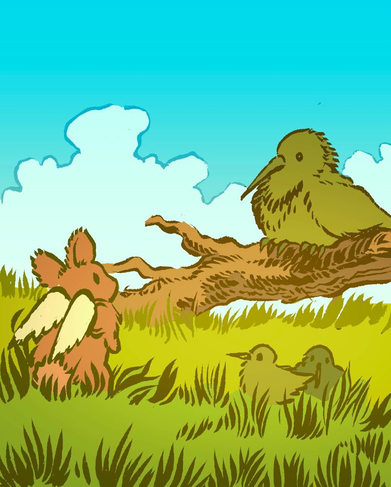 A bunny with a set of costume 'wings' meets a giant kiwi bird, sitting on a log in a field. Smaller kiwis sit in the grass beside them.