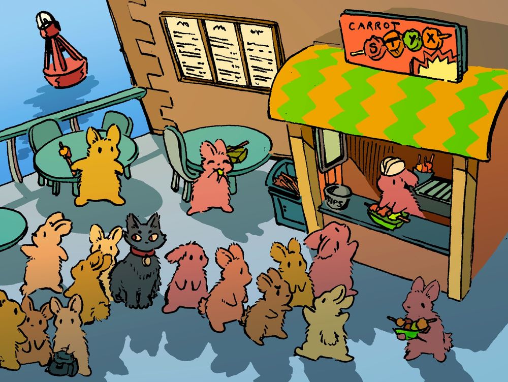 A long line of bunnies wait to get street food at a little stall called 