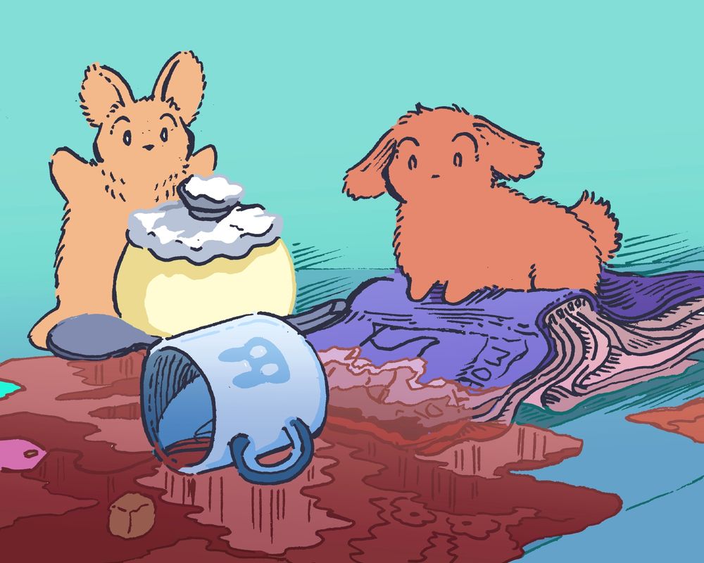 Two bunnies have just spilled a giant mug of black tea over a table and a copy of 'Moby Dick'. The book pages absorb the tea like a towel, and the bunnies look shocked as one throws up her hands