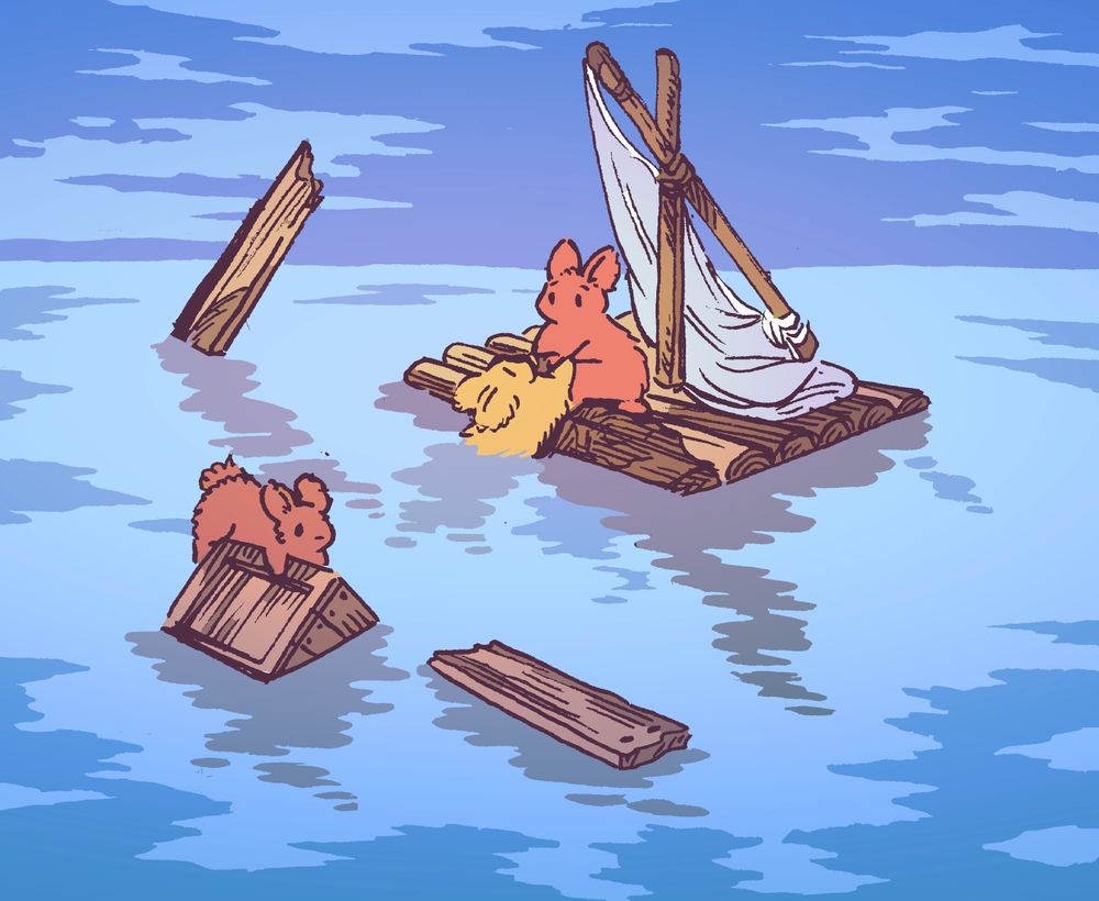 A bunny standing on a ramshackle raft helps another bunny onboard. A third bunny is floating nearby on some flotsam: There are planks and wrecked ship parts floating all around.