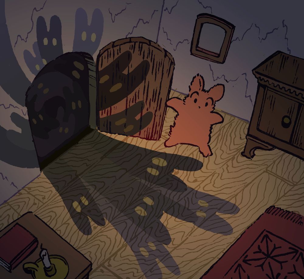 A bunny opens an old wooden door in his house, and a host of bunny shadow creatures flow out. They go along the walls and surfaces like real shadows, and are spreading out to fill the whole room. It is a dimly lit old home.