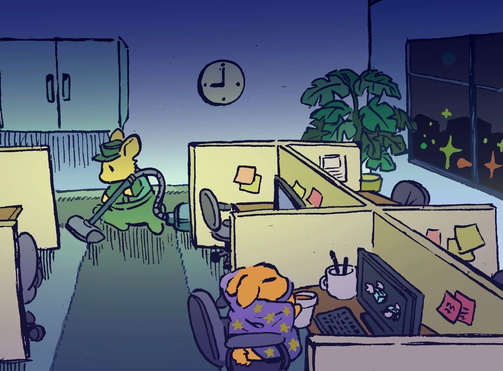 A bunny wrapped in a blanket sits in a nearly-empty office at night. It is nine-o-clock, most of the lights are out, and the bunny is nearly asleep. Their computer screen is on a screensaver, so they have not been able to work in a few minutes at least. In the background, a janitor bunny is cleaning up the office.