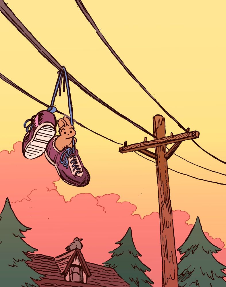 A bunny is inside one of a pair of shoes that someone has hung from a telephone pole. She is clinging to the shoelace and looking down nervously, but is hangin' in there. Other than that, it is a calm dusky evening