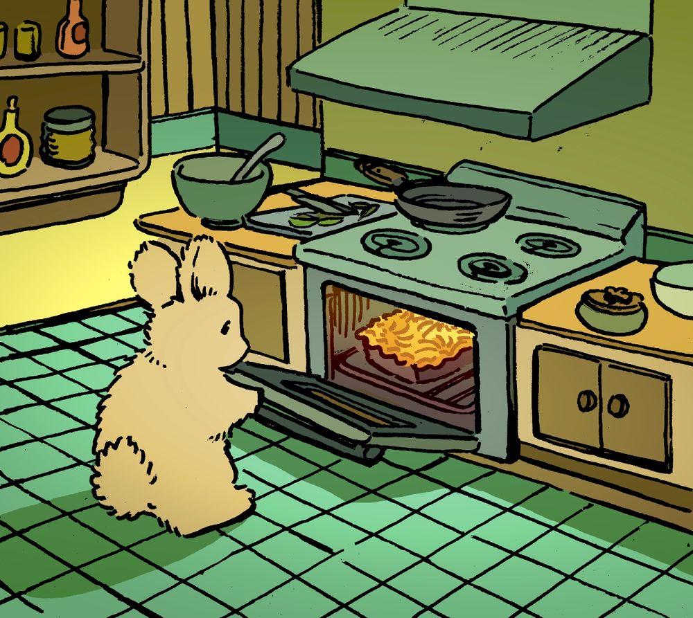 A bunny opens the oven to inspect a pastry they are baking, a simple french apple tart in a square baking pan. They are in a small kitchen, with the mixing bowl and cutting board still on the counter.