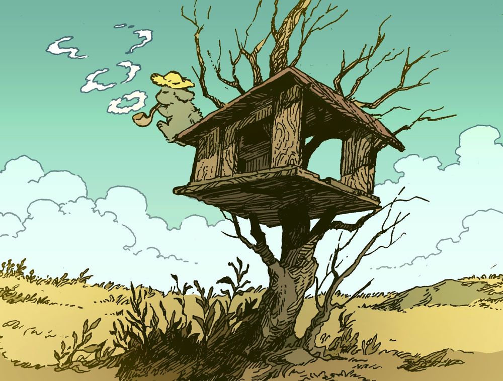 A bunny sits atop their ramshackle, one-room treehouse, contentedly smoking a pipe. The treehouse is the only structure or tree in the area, in the middle of an empty field. 