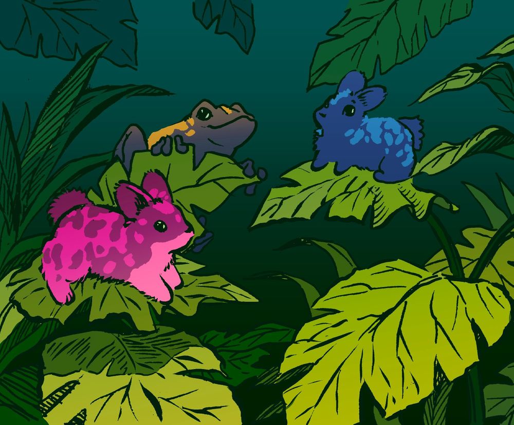 Two bunnies and a poison dart frog sit on leaves in the jungle, looking at the viewer. The two bunnies are colored pink and blue, with colorful coats like a poison dart frog: They are Poison Dart Bunnies.