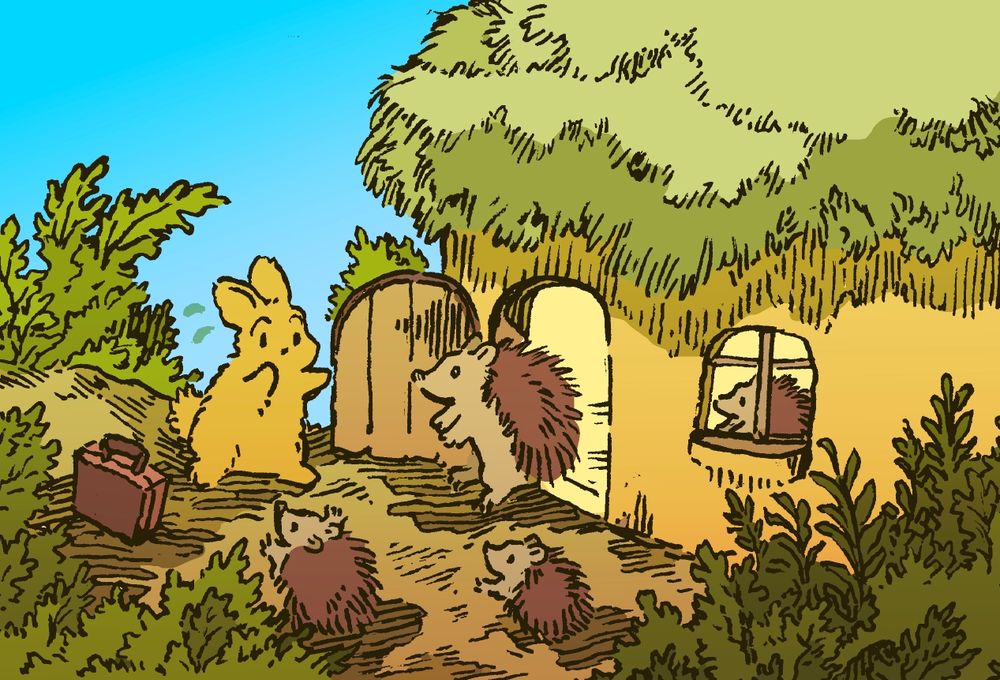 A bunny with a suitcase arrives at the door of a small cottage, where his hedgehog friend greets him! The hedgehog reaches out his hands to hug the bunny, as all the hedgehog's children rush to hug the bunny as well. The bunny looks uneasily at the prickles