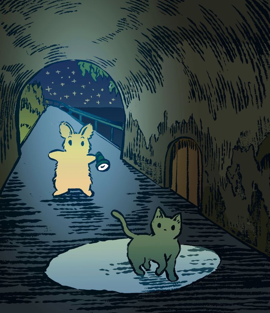 A bunny with a flashlight cautiously enters an eerie tunnel at night. They are following a mysterious cat, with slightly greenish fur. The cat turns back slightly to ensure they are still following.