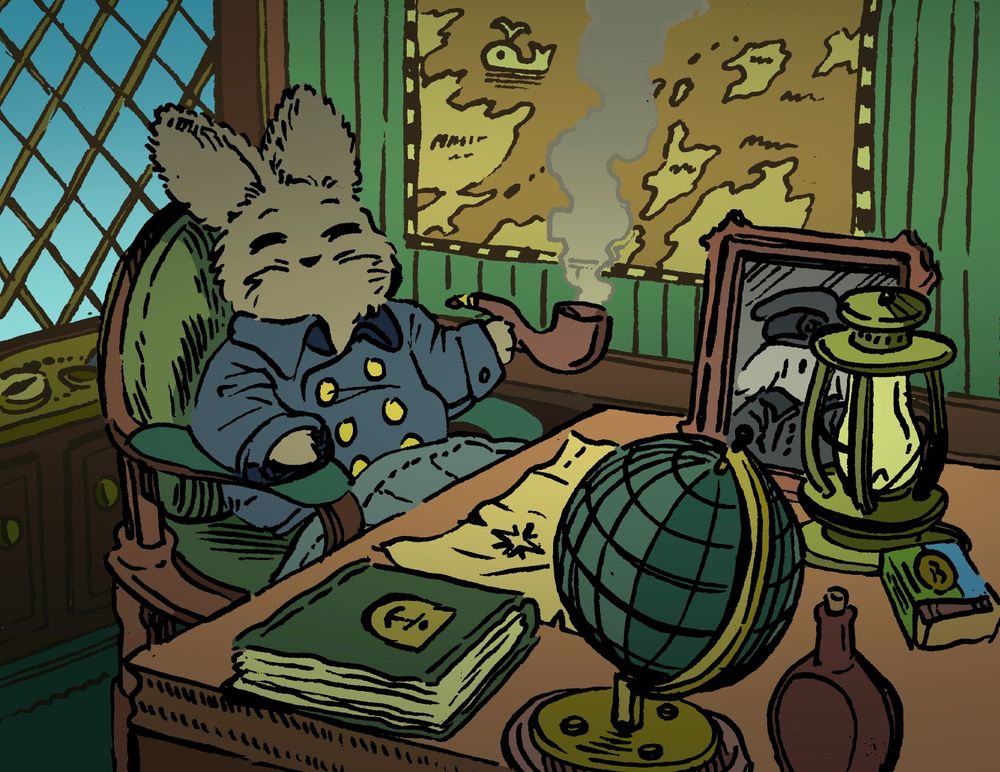 An old gray bunny sits in an armchair, smoking a pipe. Around him are many old maps and maritime things, such as a compass and a ship's log, as well as a photo of the bunny as a younger man, in a captain's uniform. The elder bunny is happily facing the viewer, recounting a story from the Age of Sail