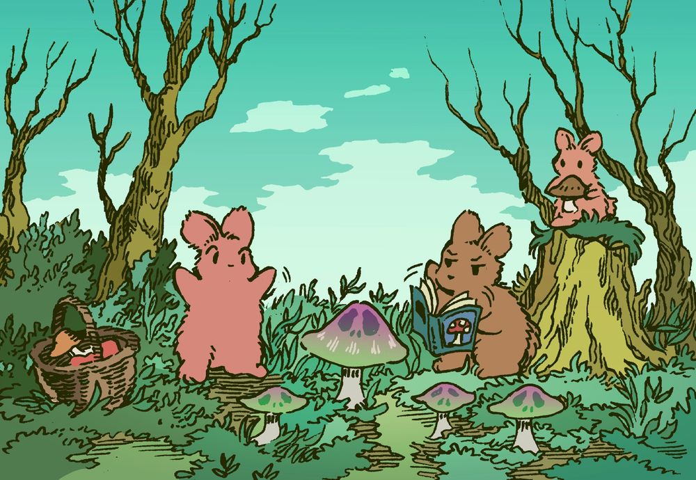 A family of bunnies is going mushroom gathering. One of them stumbles upon a ring of rare mushrooms, and gestures excitedly at their find. The second bunny, with one eyebrow raised, flips through their mushroom identification book incredulously. The rare mushrooms look extremely suspicious, and are colored a sickly purple and green. 