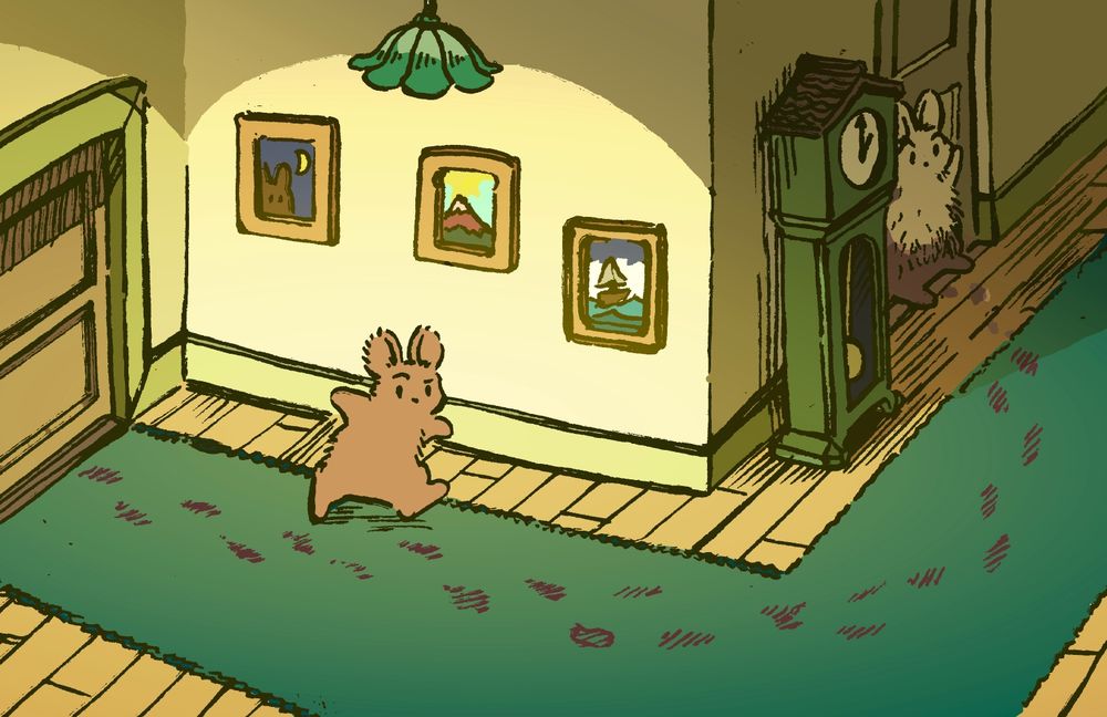 A bunny suspiciously follows a trail of dirty footprints, across an otherwise clean green carpet in a large suburban home. Around a corner, the perpetrator, a bunny covered in dirt from the outside, hides in a doorway