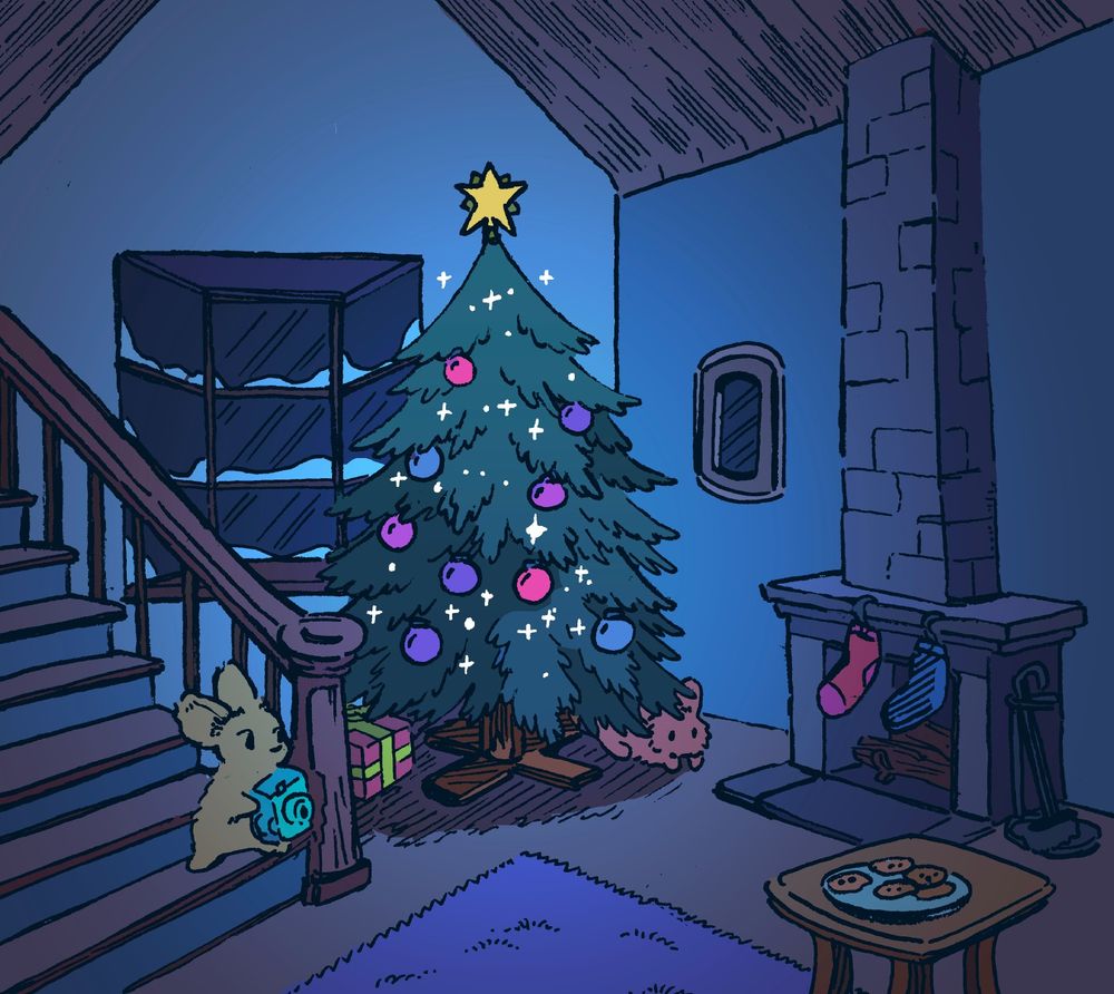 Two small bunnies wait for Santa in their living room, hiding around a Christmas Tree, both eyeing the chimney intently. One of them has a small camera to record the event. There is also a plate of cookies on a small table nearby.