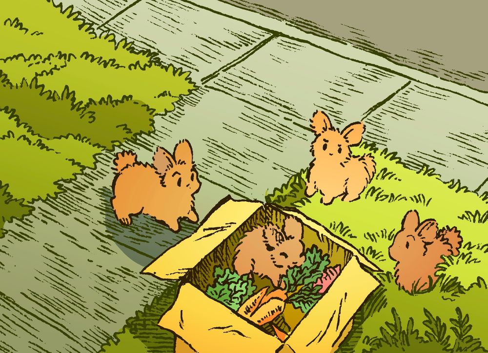 Three bunnies crowd around an open cardboard box in a suburban yard. Inside the box is a pile of vegetables, including carrots, and a fourth bunny munching on them. The bunny has already eaten enough of the vegetables to have cleared out a space for himself in the box. The other bunnies, who are also entitled to some vegetables, look on with surprise and disapproval.