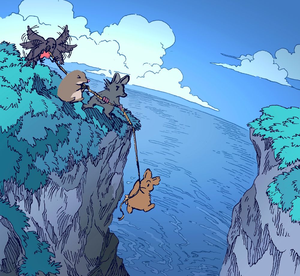 A bunny is dangling off the edge of a cliff, hanging onto the end of a rope. He is hanging on for dear life, over the sea. A bird, a mole and a rat are all at the top of the cliff trying to pull the bunny up. 