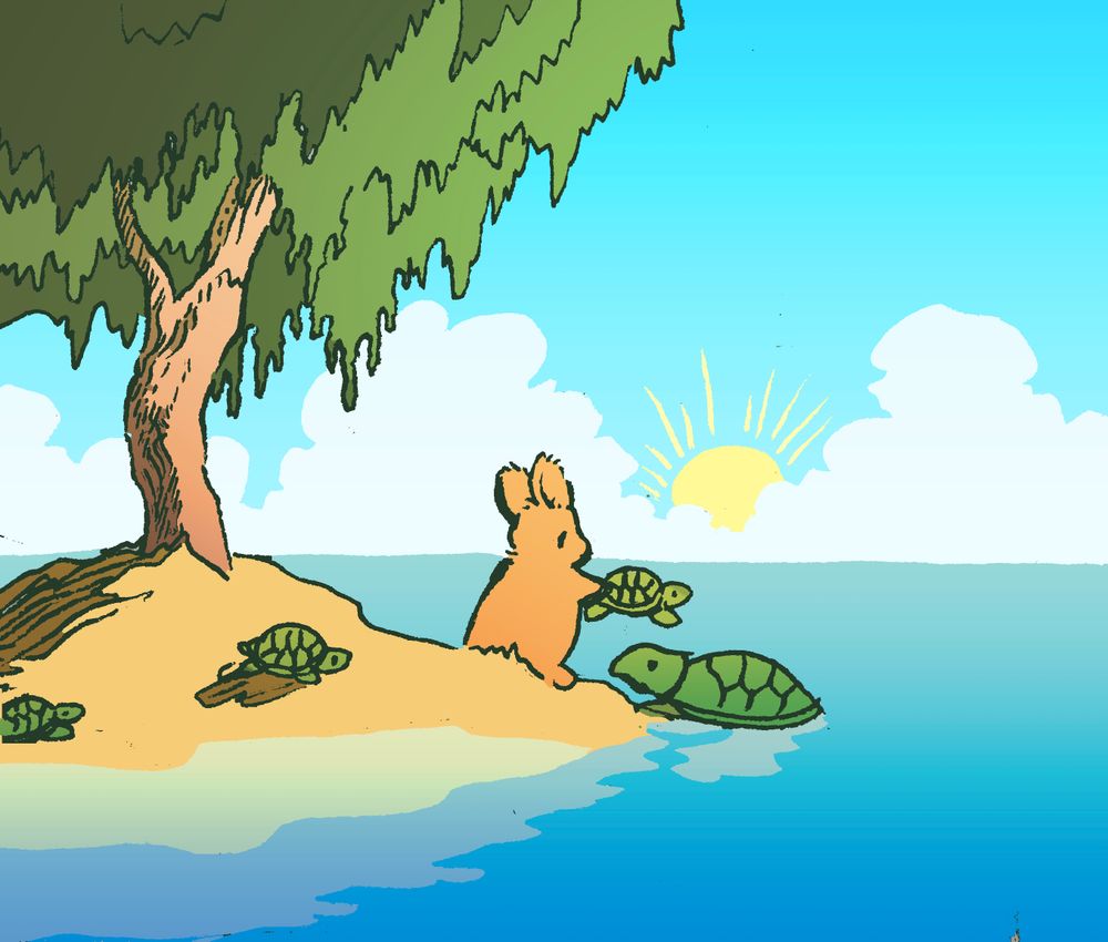 A gunny on the beach brings a baby sea turtle to their mother, who is waiting on the shore. Several other sea turtles are currently struggling to reach the sea