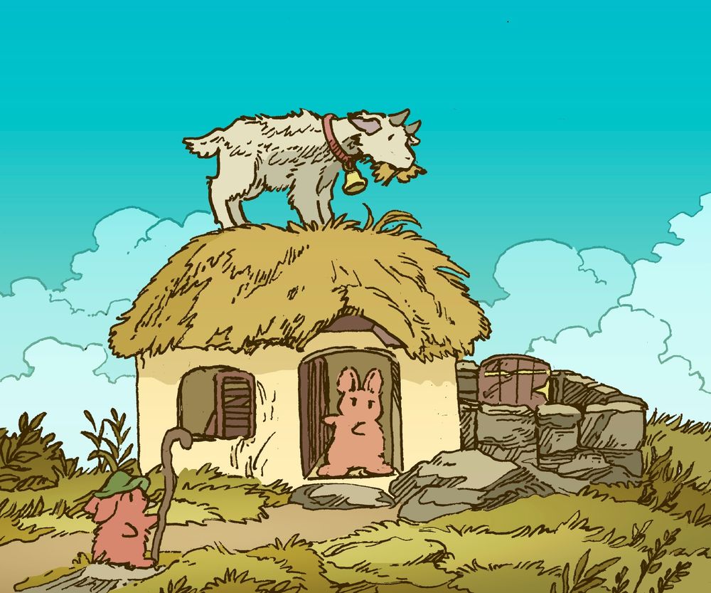 A bunny opens the door of their small thatch-roof hut in dismay, because a goat is munching on the roof! Down the front pathway, a small goatherd bunny with a crook rushes toward the house to try and manage the situation.
