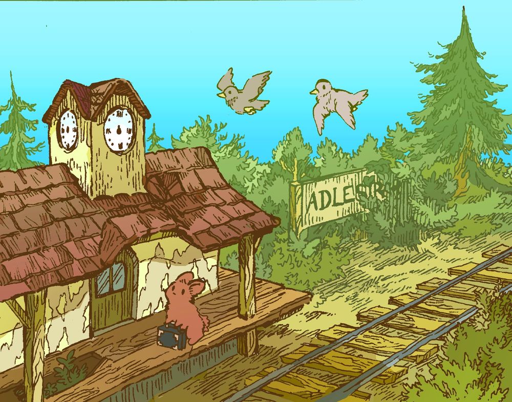 A bunny with a small suitcase has arrived at an old-fashioned train station. it is in the middle of woodlands, and an overgrown sign reads "Adlestrop". The bunny looks around, having just arrived. The area is vacant except for a pair of pigeons or doves, who may have also just moved there.