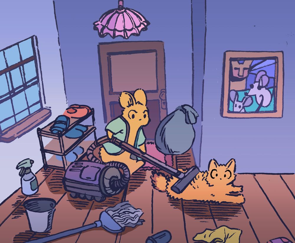 A bunny frantically vacuums their apartment, in anticipation of a gathering. There is also a trashbag by the door, and a mop and other cleaning products scattered around (ironically making the apartment messier.) In their haste, they start to vacuum over their cat, who reacts with surprise