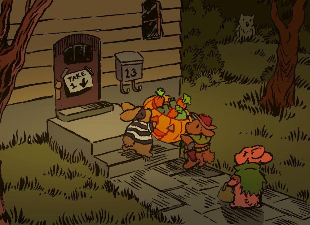 Two bunnies in halloween costumes are taking a basket of candy from a doorstep, where it has been left out on Halloween along with a note saying "Take one". One of the thieves is dressed as a robber, the other is a cowboy. A third bunny, arriving at the house slightly after them, looks on disapprovingly.