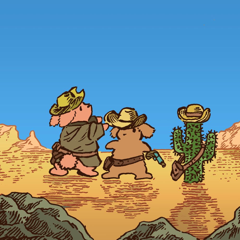 In a desert in the old west, a cowboy bunny places a cowboy hat on the head of a younger child bunny, who has a toy cap-gun. The little bunny looks proud. For some reason, a nearby cactus plant has also been deputized, given both a hat and a holster.