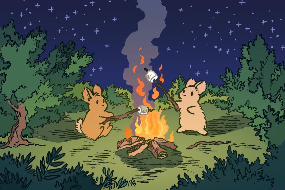 Two bunnies are roasting marshmallows over a campfire at night. One of them is holding their marshmallow stick very close to the fire, while the other is being excessively cautious. It is a starry night in a woodland clearing