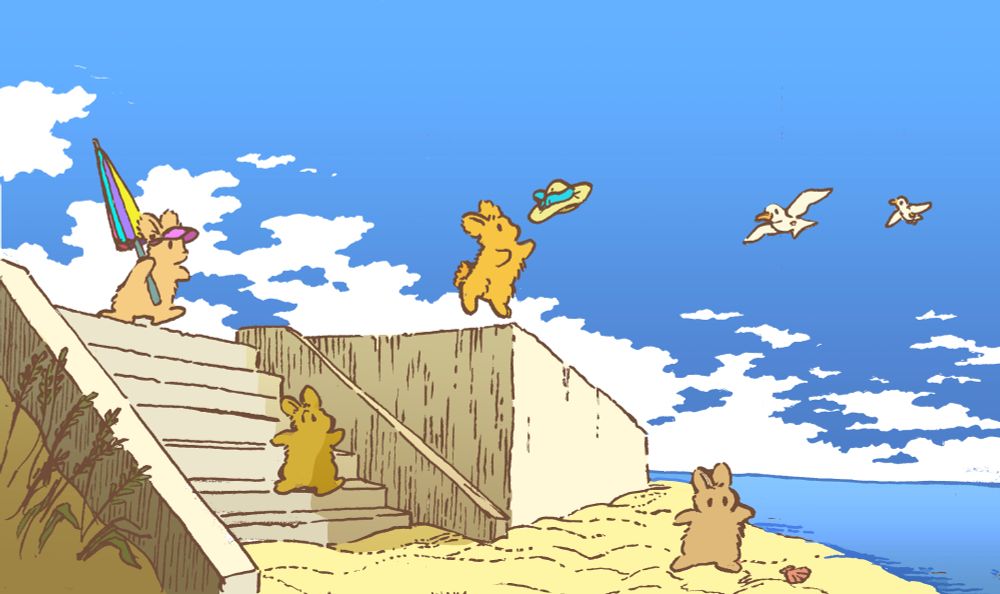 A bunny hops up to catch a sunhat that is blowing away in the breeze, at the top of some outdoor steps by a small beach. Many bunnies have arrived, one brought an umbrella. It is a warm summer day