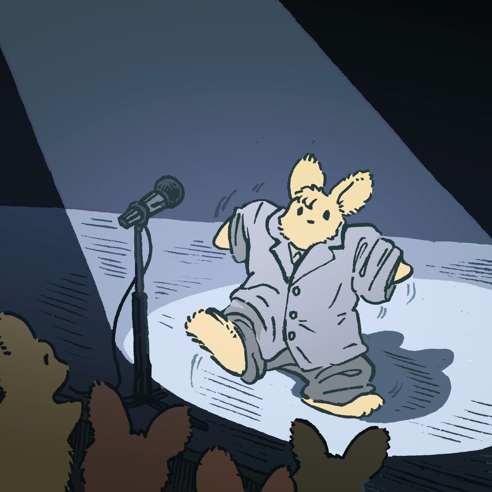 A bunny wears an oversized coat in the style of David Byrne of the Talking Heads, and does a funny dance on stage while singing for an audience. The shoulders of his coat ruffle awkwardly, but he's having a good time and so are the viewers