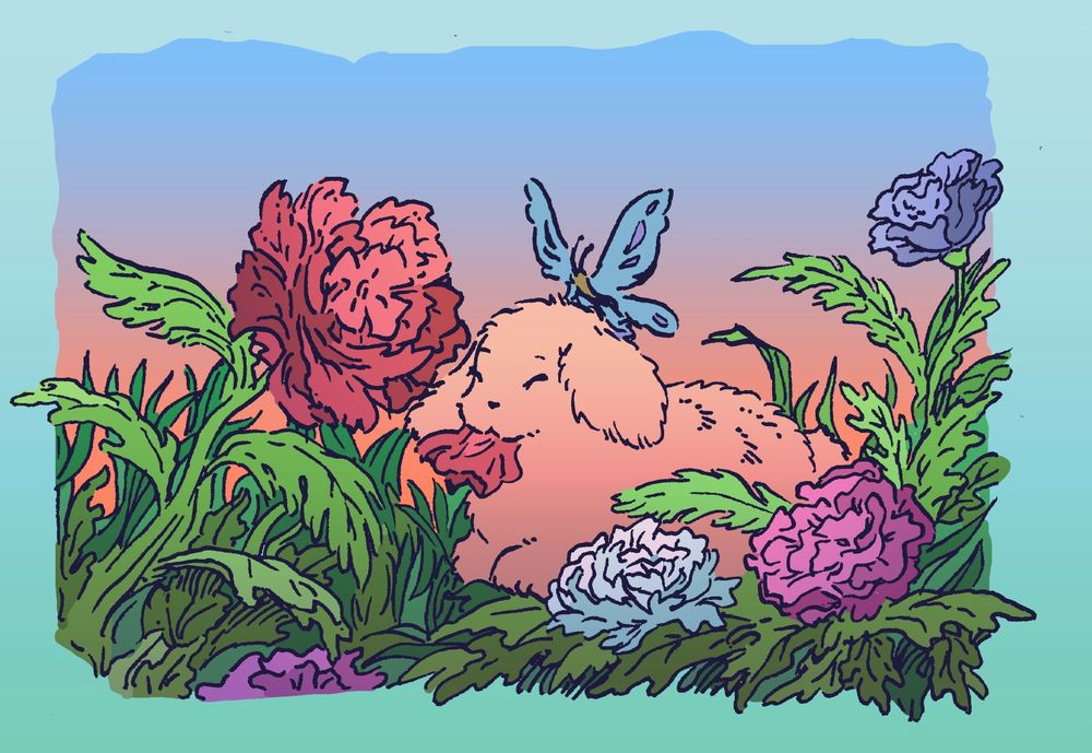 A bunny  eats flower petals in a field of multi-colored flowers. There is a butterfly on the bunny's head. It is a calm scene.