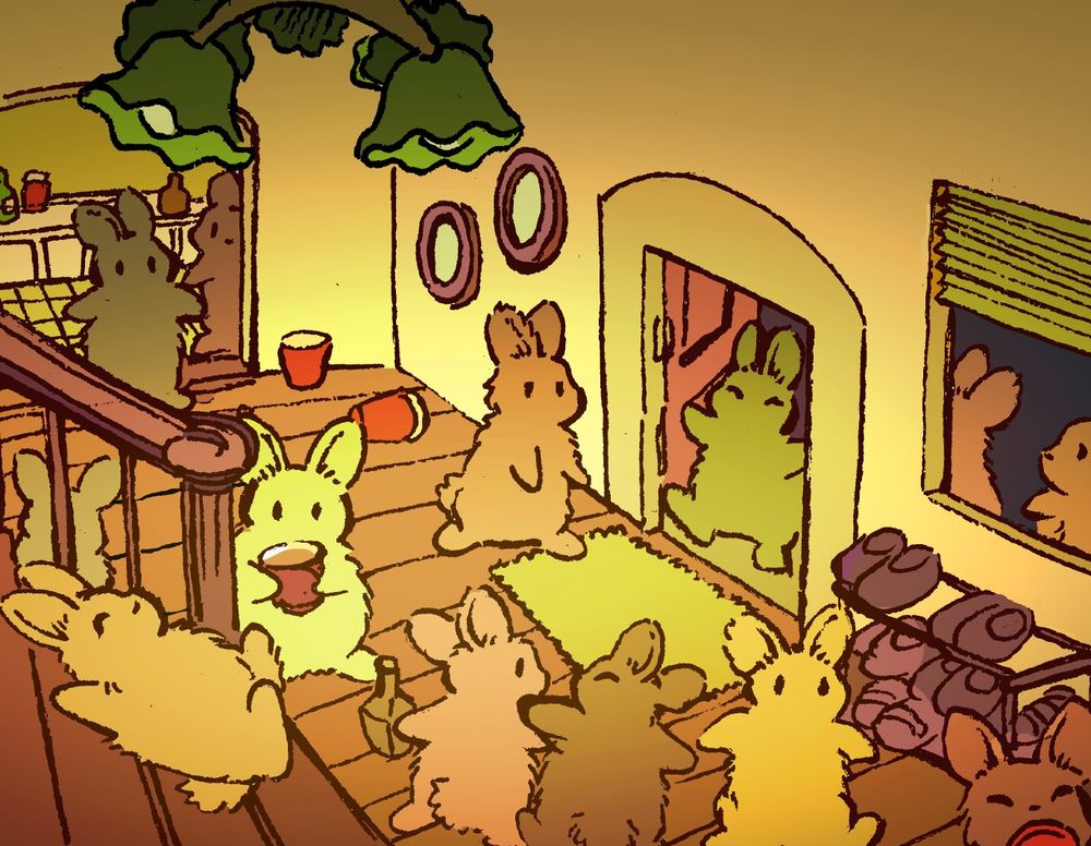 Many bunnies are at a raucous house-party. Many have red solo cups or other alcoholic beverages, and one of them is deliberately sliding down a staircase. One bunny, the host, has just opened the door to several more bunnies, who are apparently showing up unannounced. The host has a put-upon look on his face