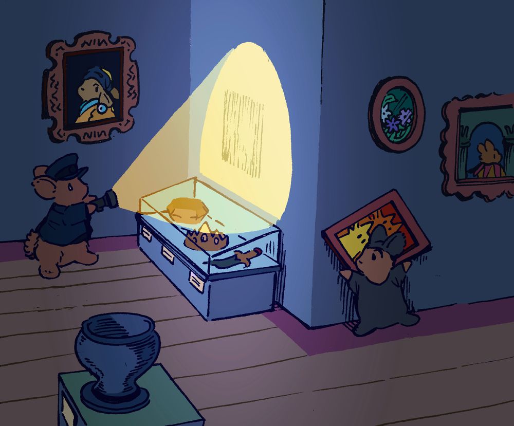 A bunny, in a museum at night, steals a painting. He hides around the corner from a security guard bunny, who shines his light suspiciously at the empty space where the painting once hung. The painting itself is just a painting of some cats, and is probably less valuable than the other objects in the museum.