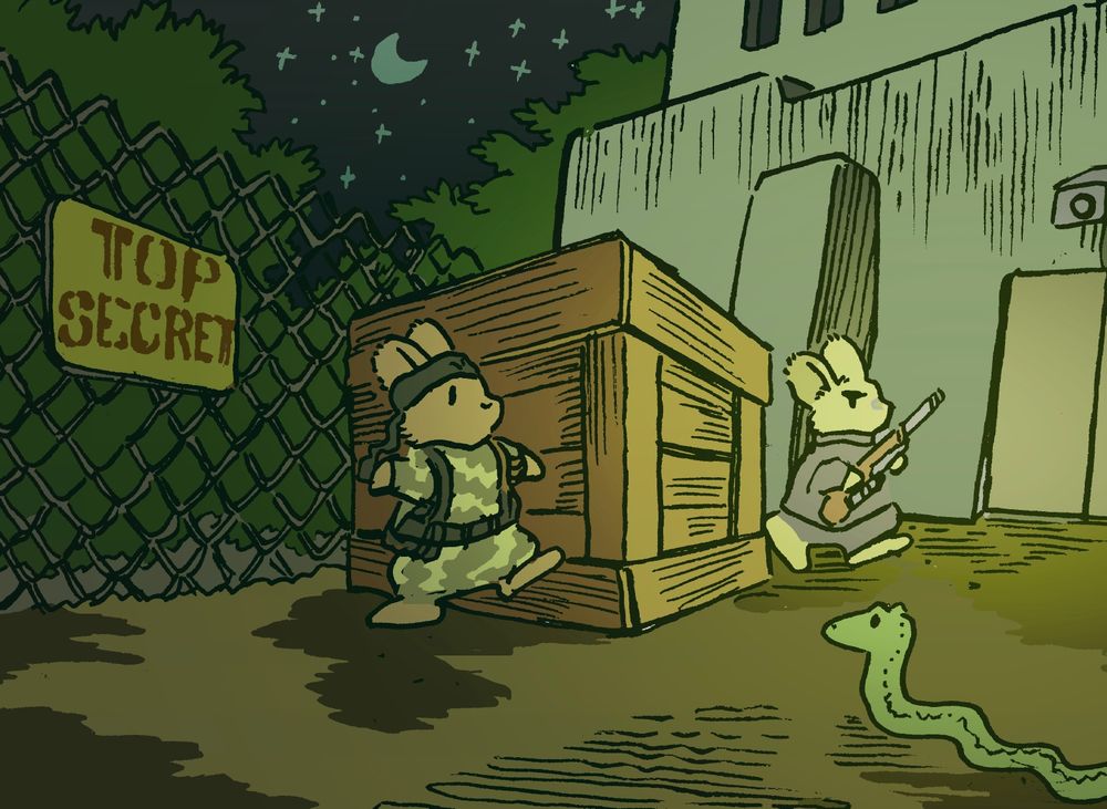 A bunny in camouflage infiltrates a nefarious compound, reminiscent of the video game "Metal Gear Solid 3: Snake Eater." He hides behind a large crate, avoiding an enemy patrol. A nearby snake looks on.
