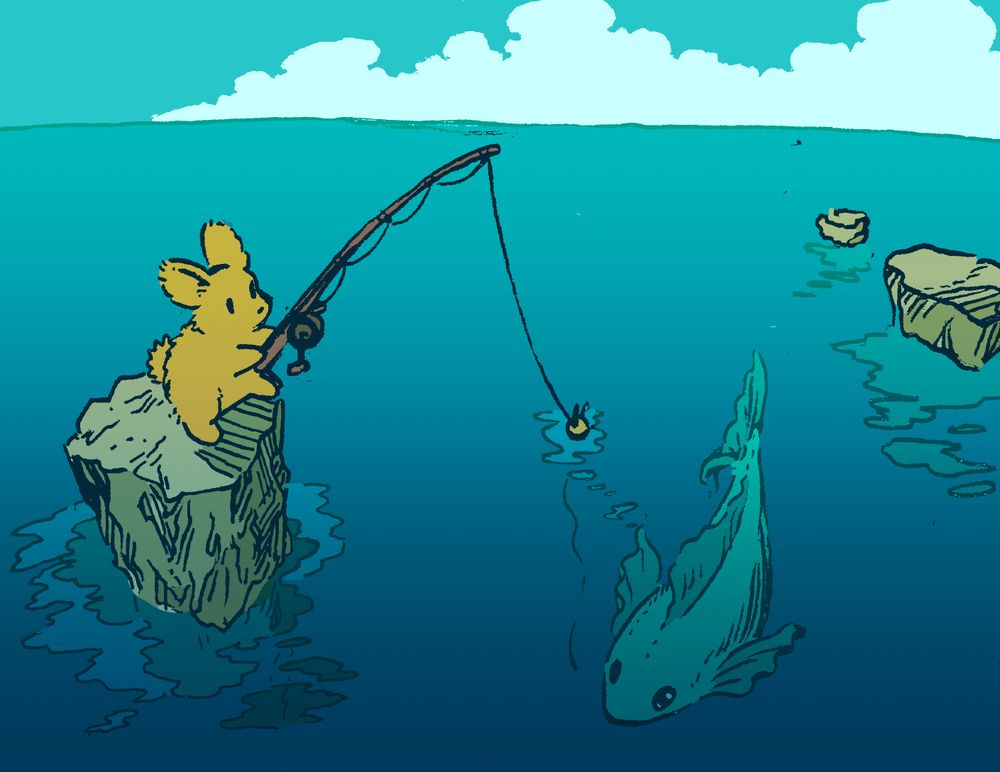 A bunny on a tiny rocky islet fishes with a small fishing rod. Beneath the surface, a fish that is larger than the bunny lurks underneath, not taking the bait. It is a clear summer day.