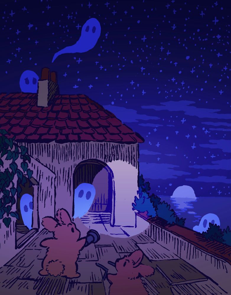 Two bunnies trespass on an old abandoned manor at night. One has a flashlight, and the other has dousing rods: They are amateur ghost hunters. Ghosts, hiding behind corners in doorways, peer around cautiously, observing the trespassers. One of them leaves through the chimney.