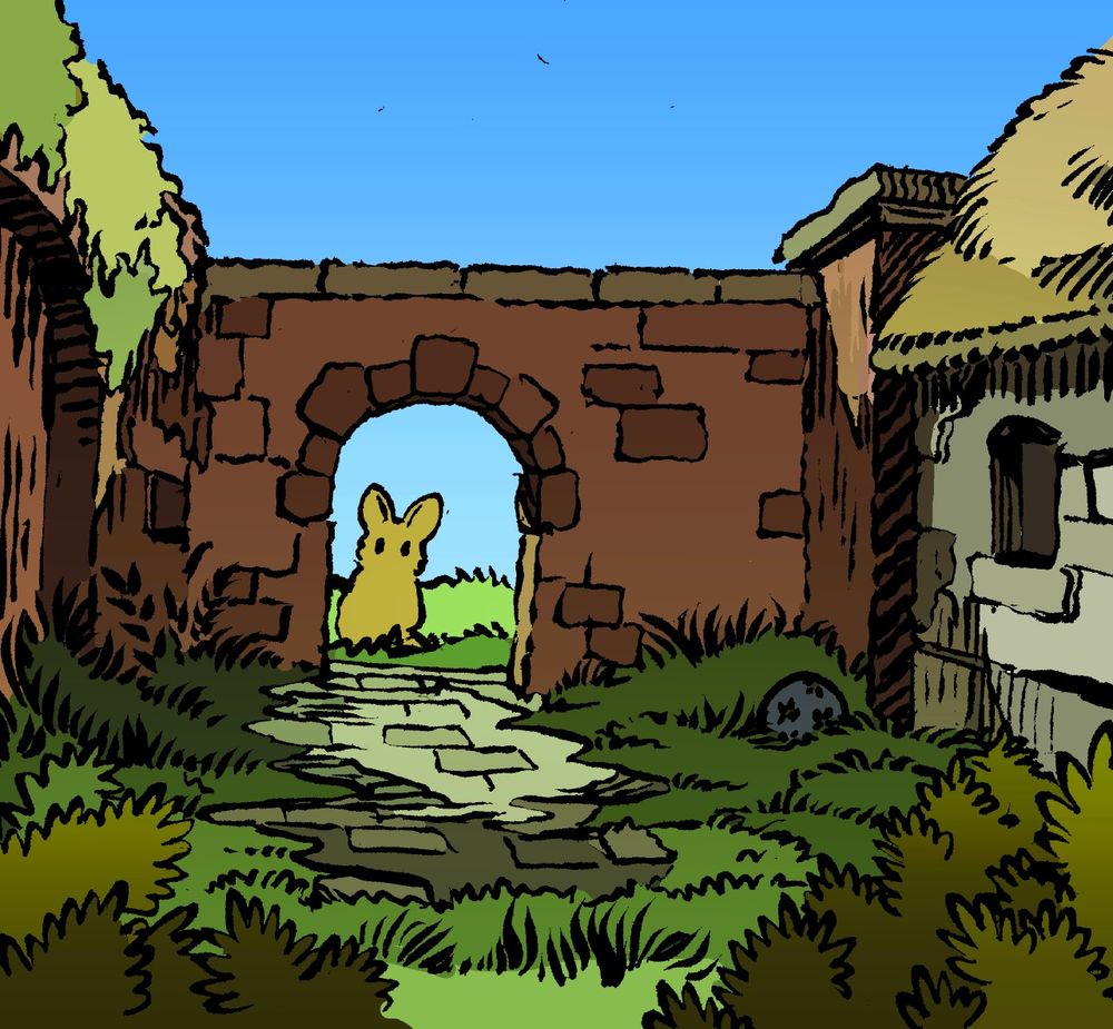 A bunny looks curiously through a doorway in a rundown garden wall, leading into an overgrown area. There is nothing in the area except for plants and one lost toy ball